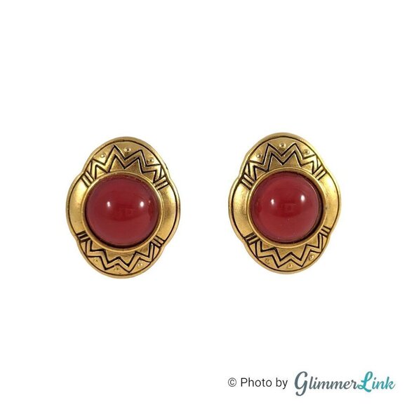Vintage Zig Zag Faux Carnelian Oval Gold Tone Pierced Earrings - Picture 1 of 9
